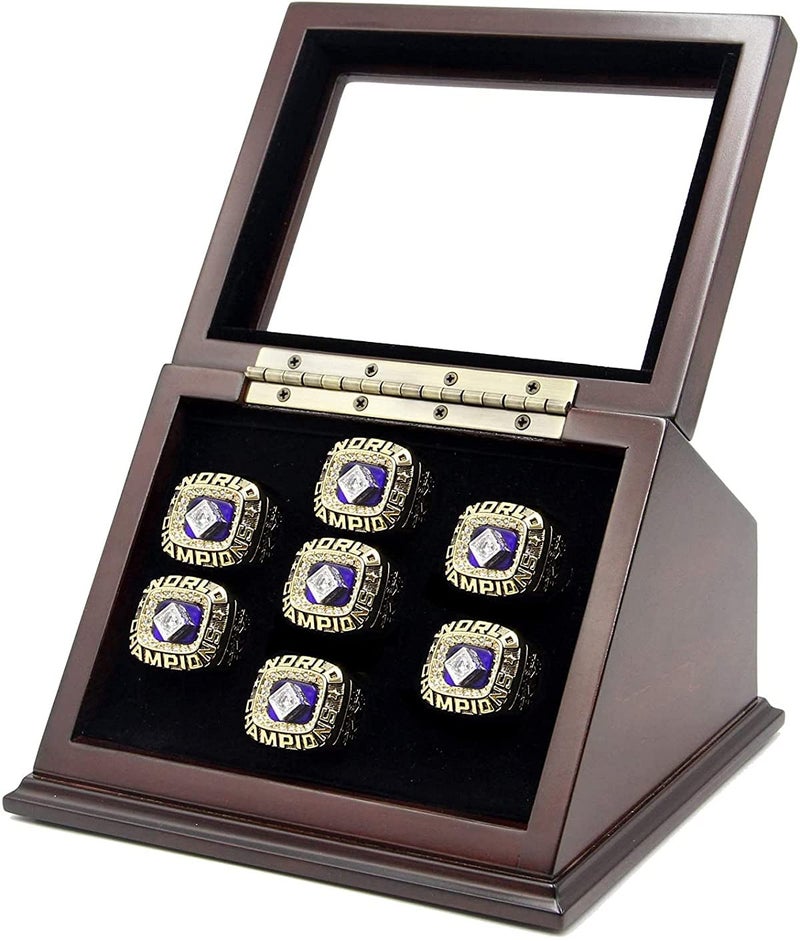 Tirrito 7 Slots Championship Wooden Display Case Shadow Box With Slanted Glass Window for Football, Basketball, Hockey, Sports Rings - Not Included - Image 1